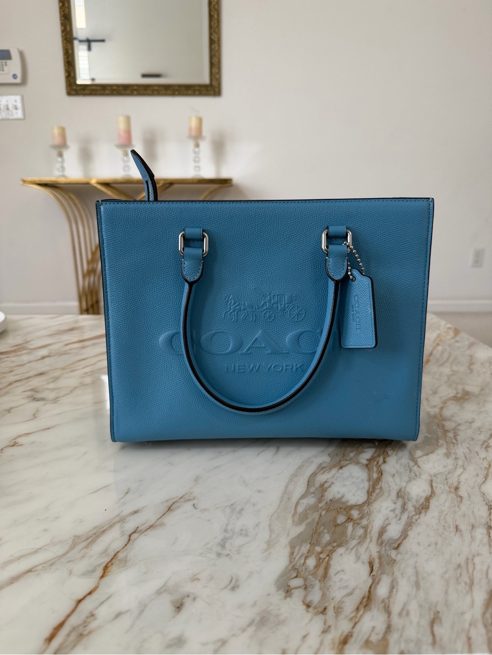 Coach Metallic Blue Cadet / Silver Pebbled Leather Tote with Logo Emboss